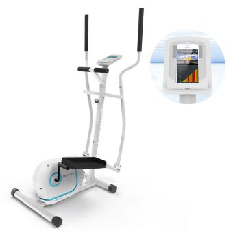 Velo elliptique Myon Cross masse d inertie de 12kg systeme de freinage magnetique resistance a 8 niveaux SmartCardio Studio avec application Kinomap entrainement silencieuc par courroie avec S Blanc