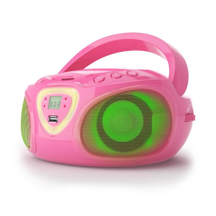Roadie CD Boombox met FM-radio en lichtshow | CD-speler | FM-radio | bluetooth 5.0 | LED Disco Light Effect | USB | AUX-In | 3,5 mm voor koptelefoon | draagbaar Pink