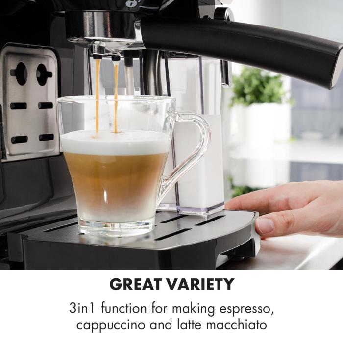 BellaVita koffiezetapparaat | 3-in-1 functie: espresso, cappuccino en macchiato | melkopschuimer | 1450 watt vermogen | 20 bar pompdruk | One-Touch Control | zeefhouder | 1,4 liter watertank | 0
