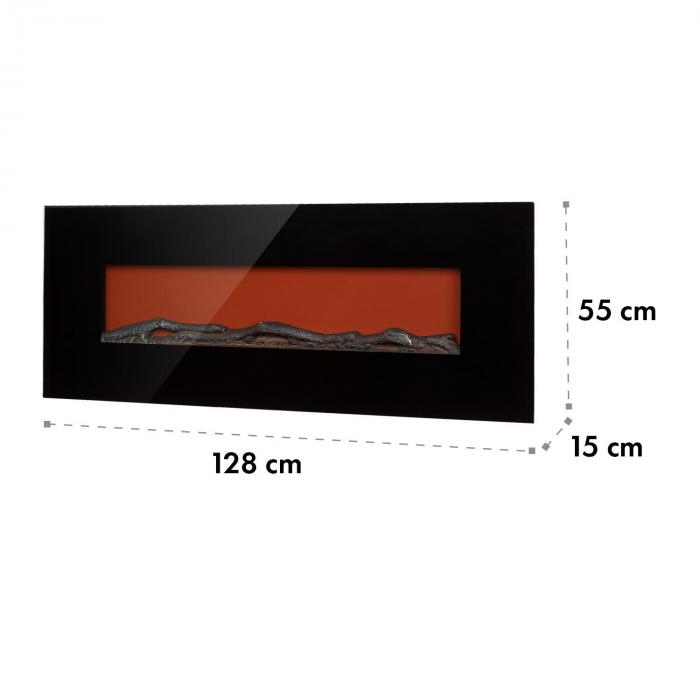 Lausanne Long Electric Fireplace | Power: 1600 Watt | 2 heat settings |  Width: 128 cm | Flame effect | Tempered glass viewing window | Adjustable  brightness | Including remote control | Wall mounting Black