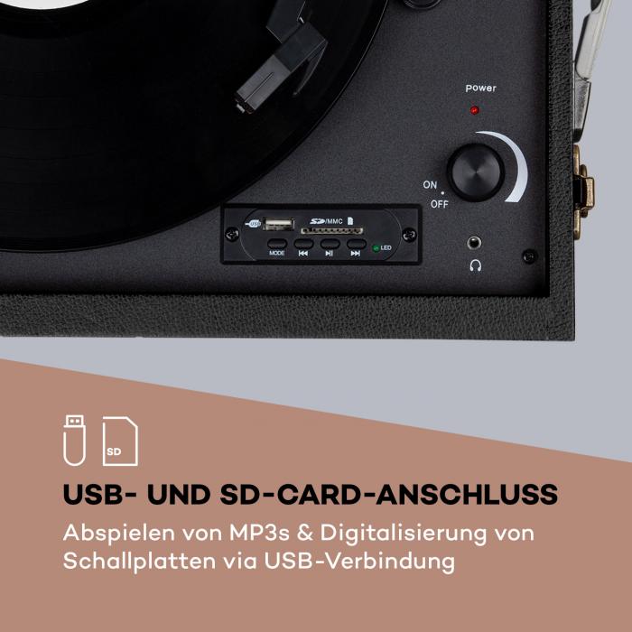 auna Sarah Ann Platine disque vinyle rétro Bluetooth USB SD 3 vitesses -  noir & Sans radio DAB + / FM